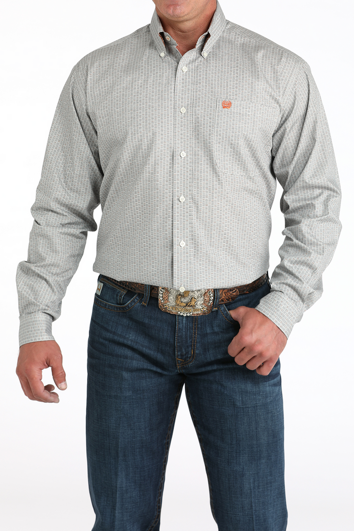 Cinch Men's Long Sleeve Shirt - Geometric Print Cream