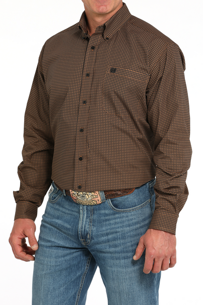 Cinch Men's Long Sleeve Shirt - Geometric Print Dark Brown