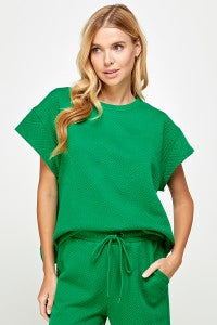 Textured Short Sleeve Sweatshirt Top- Green