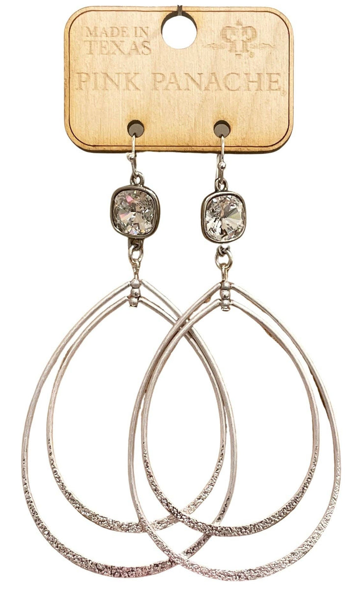 Pink Panache - 10mm silver/clear cushion cut connector on silver double teardrop earring