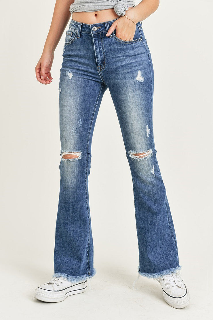 Risen Jeans- High Rise Distressed Raw Hem Flare