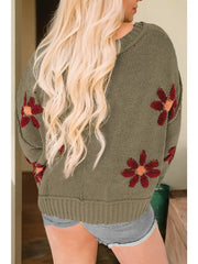 Sage Green Flower Knit Ribbed Sweater