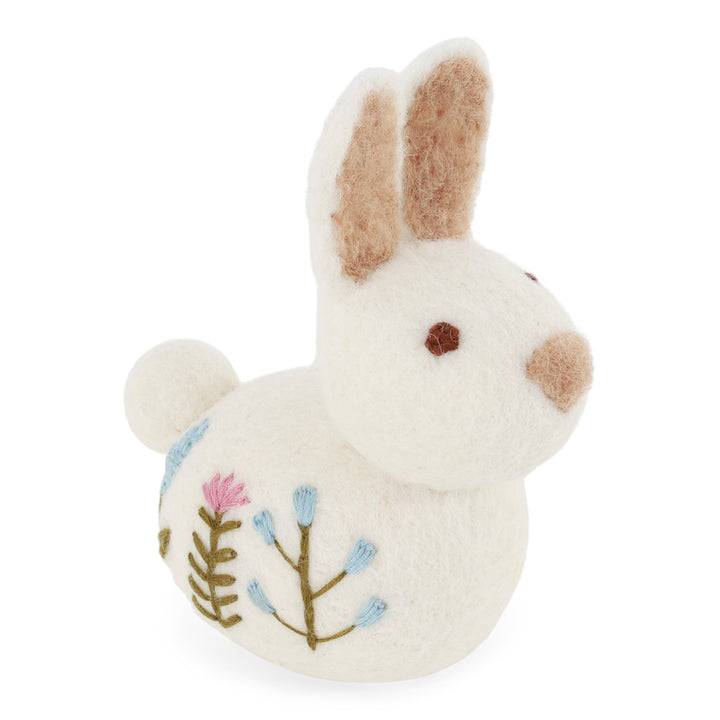 Sitting Bunny with Flower Embroidery - White