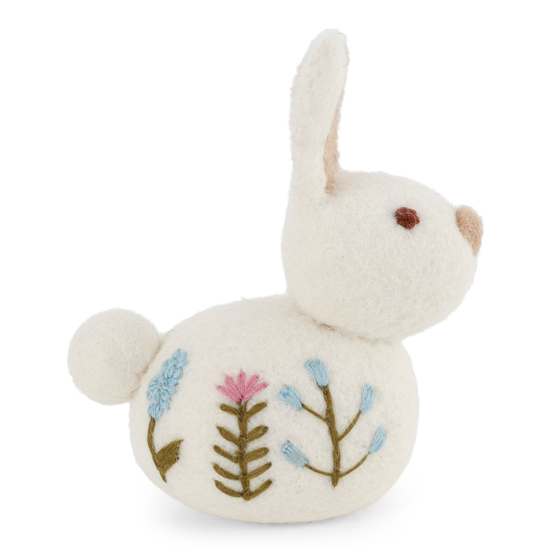 Sitting Bunny with Flower Embroidery - White