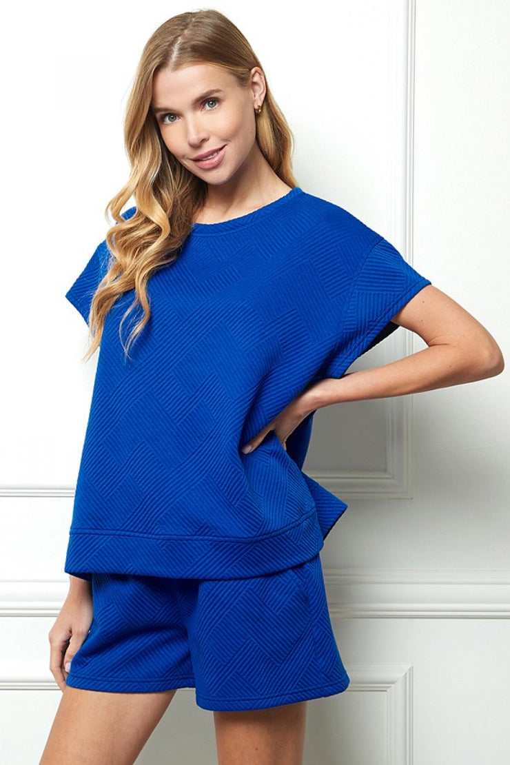 Textured Short Sleeve Sweatshirt Top- Blue
