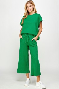 Textured Cropped Wide Pants-Green