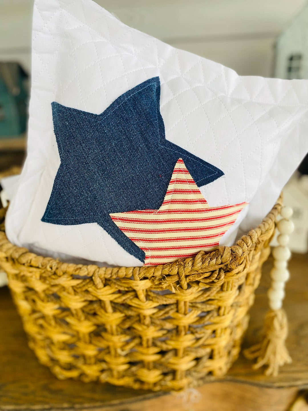 Handmade Patriotic  Pillow Upcycled Jeans Star 4th of July