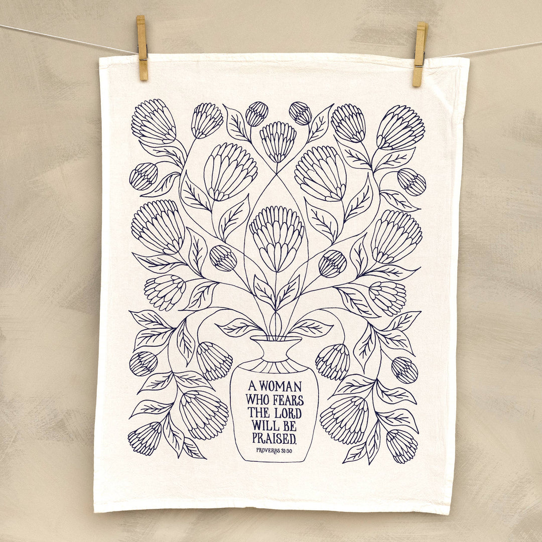 A Woman Who Fears the Lord Scripture Tea Towel