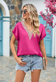 Satin Crochet Trim V Neck Blouse- Pink
