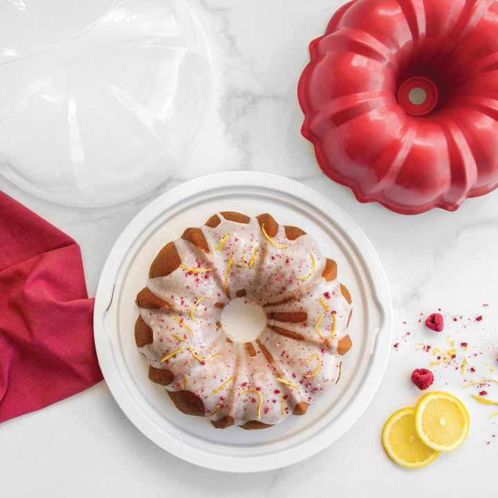 Red Formed Bundt Pan with White Cake Keeper