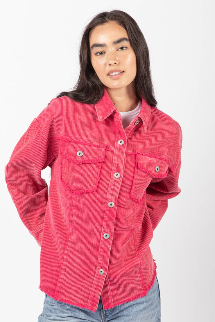Oversized Washed Corduroy Shacket Jacket - Pink
