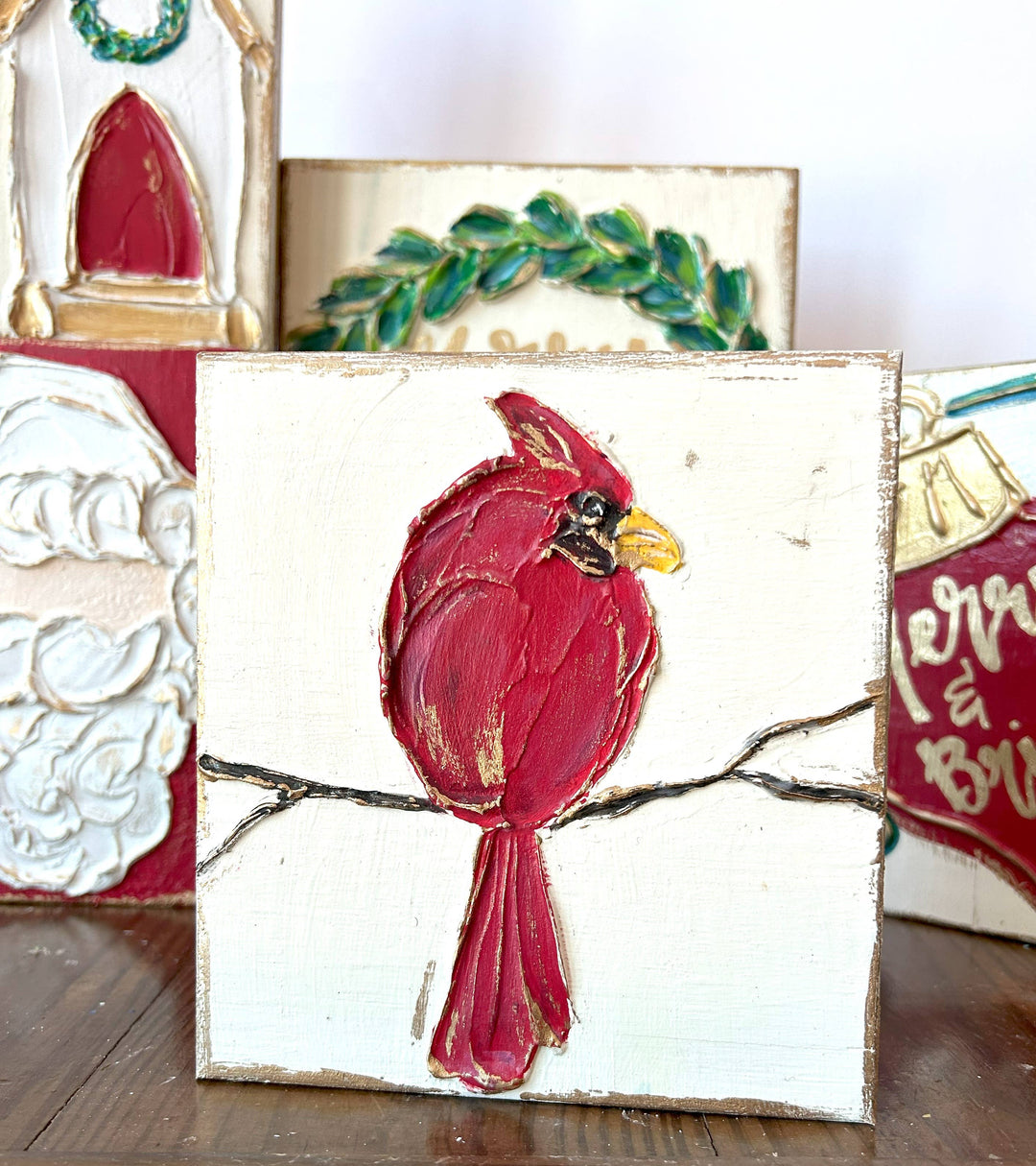 Cardinal Red Bird Handmade Textured Wood Block