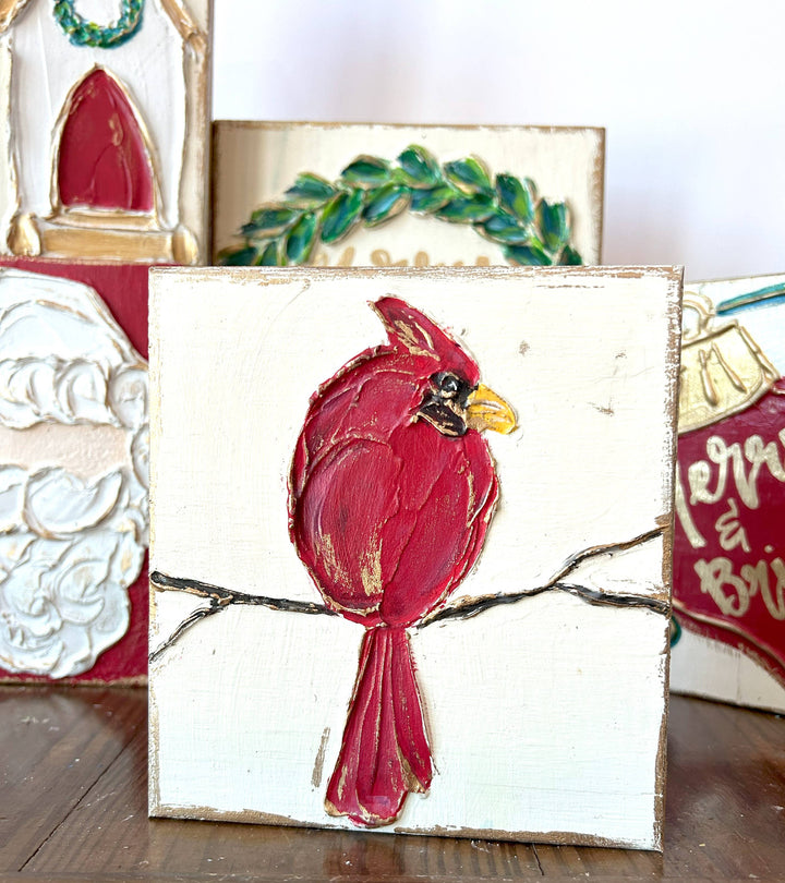 Cardinal Red Bird Handmade Textured Wood Block