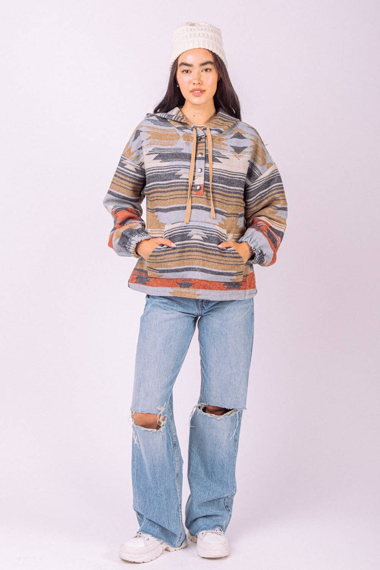 Aztec Hooded Boxy Cozy Woven Western Top