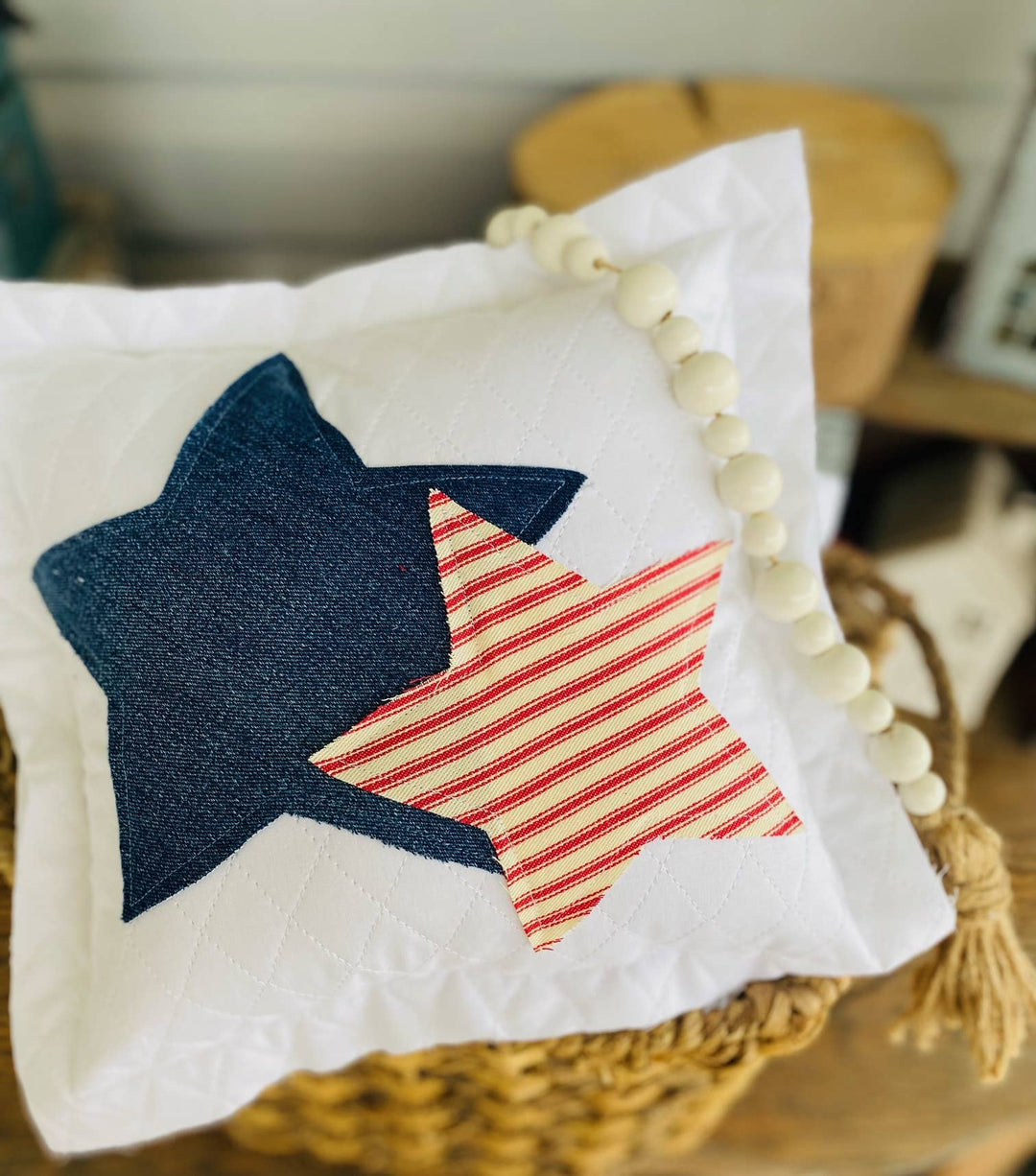 Handmade Patriotic  Pillow Upcycled Jeans Star 4th of July