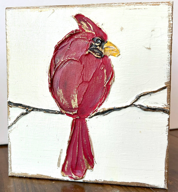 Cardinal Red Bird Handmade Textured Wood Block