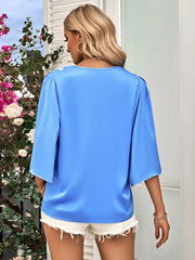 Satin Half Sleeve V-Neck Blouse - Blue