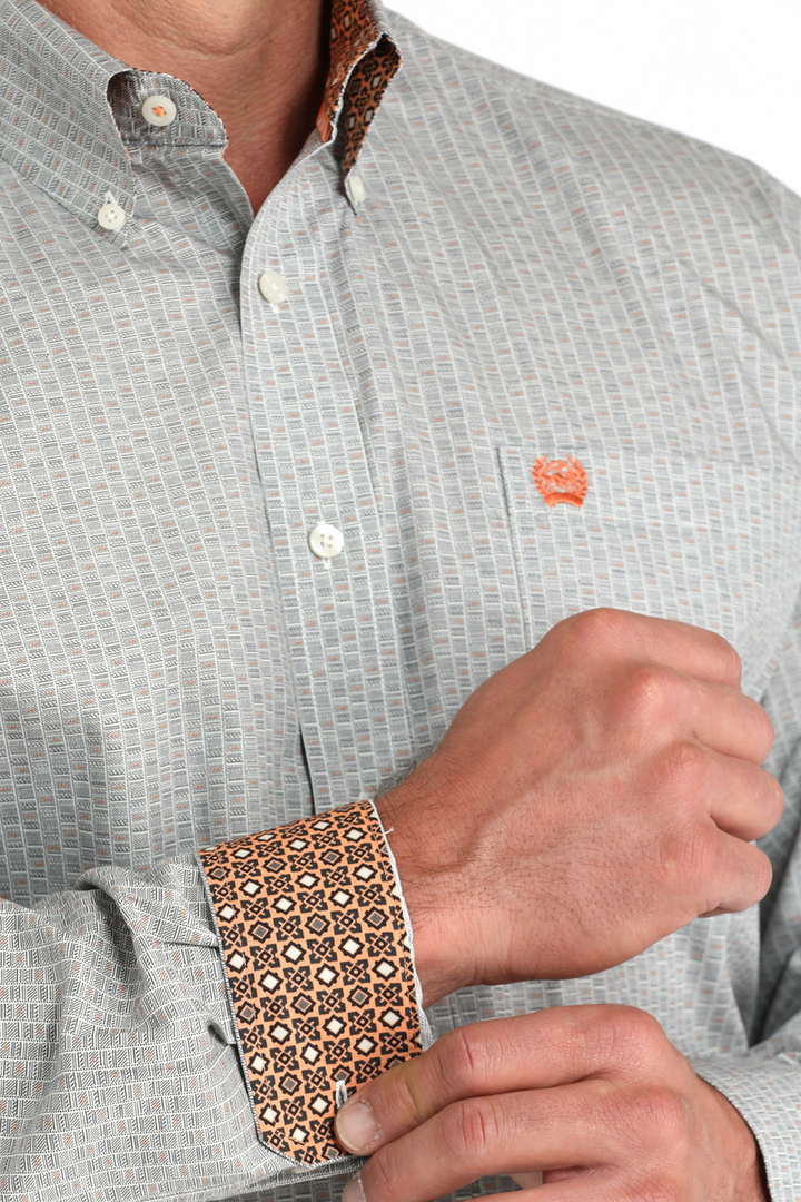 Cinch Men's Long Sleeve Shirt - Geometric Print Cream