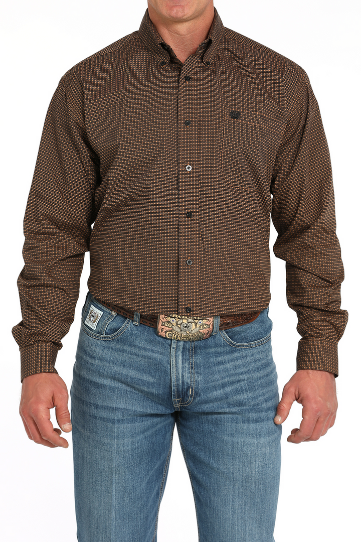 Cinch Men's Long Sleeve Shirt - Geometric Print Dark Brown