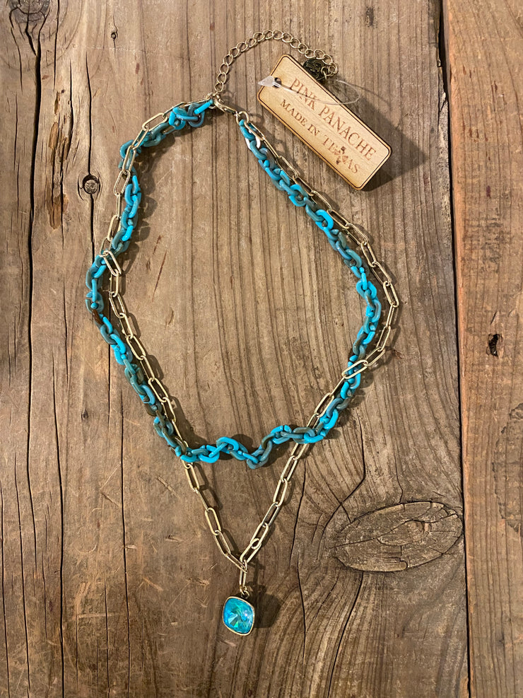 Pink Panache - Turquoise Acrylic and Gold Paperclip Necklace