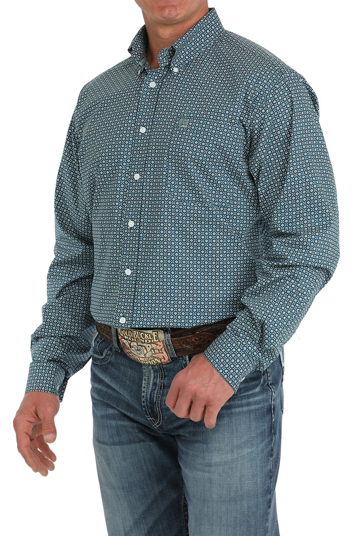 Cinch Men's Long Sleeve Shirt - Geometric Print Teal Blue & White