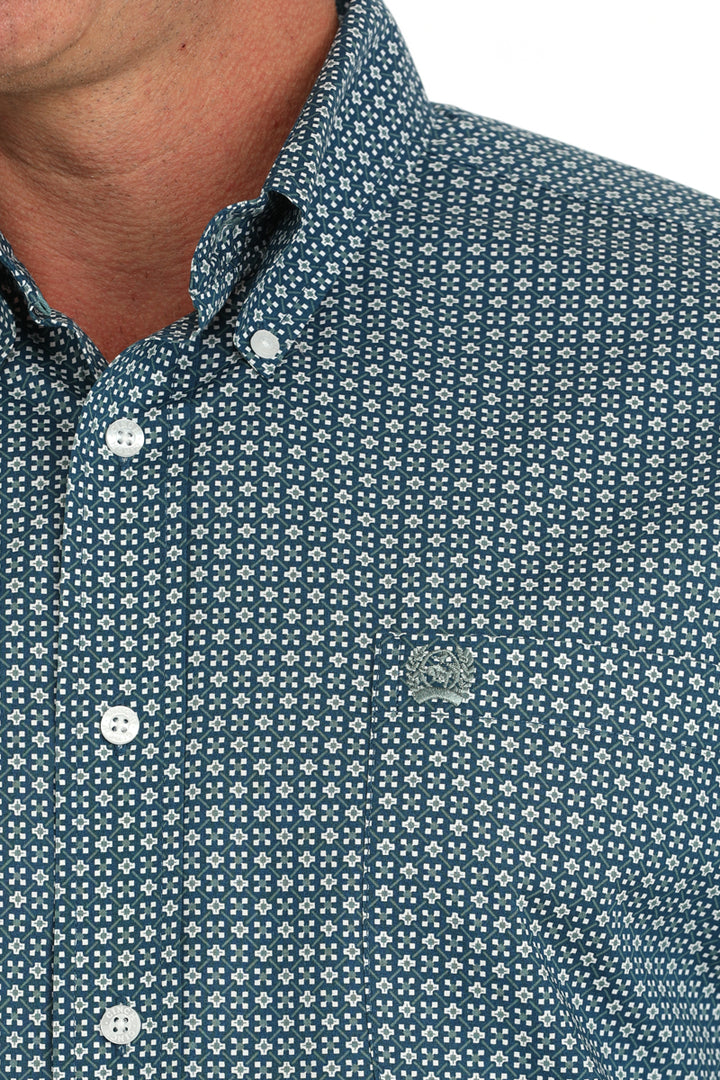 Cinch Men's Long Sleeve Shirt - Geometric Print Teal Blue & White