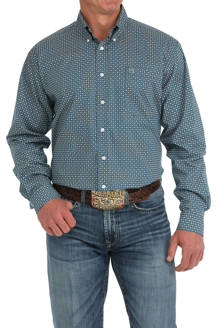Cinch Men's Long Sleeve Shirt - Geometric Print Teal Blue & White