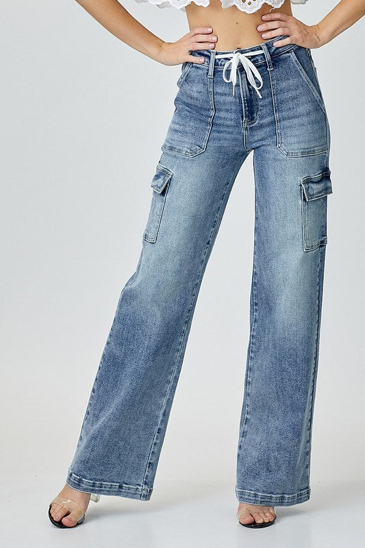 Risen Jeans- Mid Rise Cargo Style Wide Straight Jeans