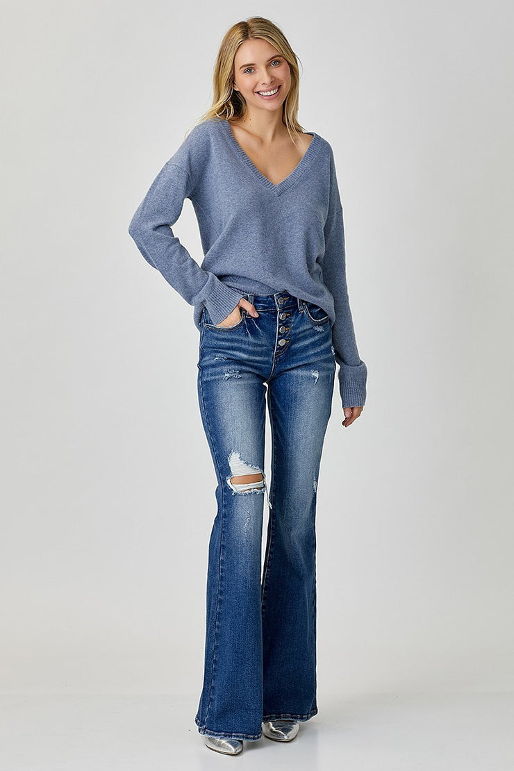 Risen Jeans- Mid Rise Button Down Flare Jeans