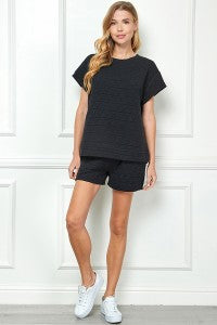 Quilted Short Sleeve Top- Black