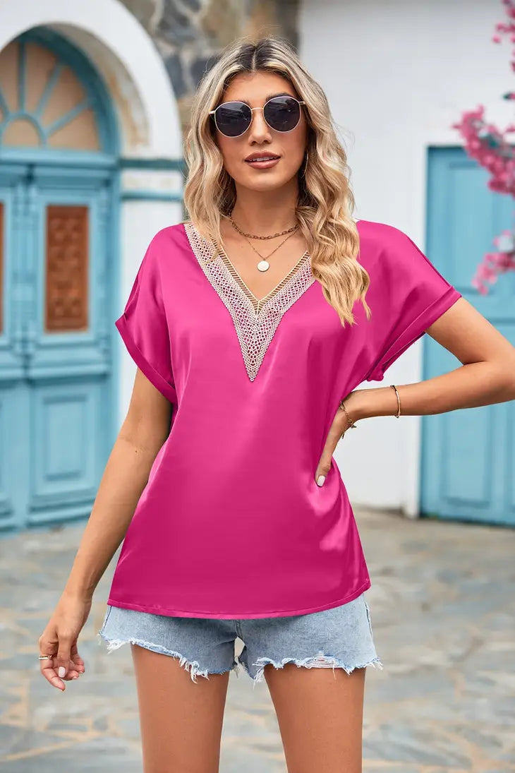 Satin Crochet Trim V Neck Blouse- Pink