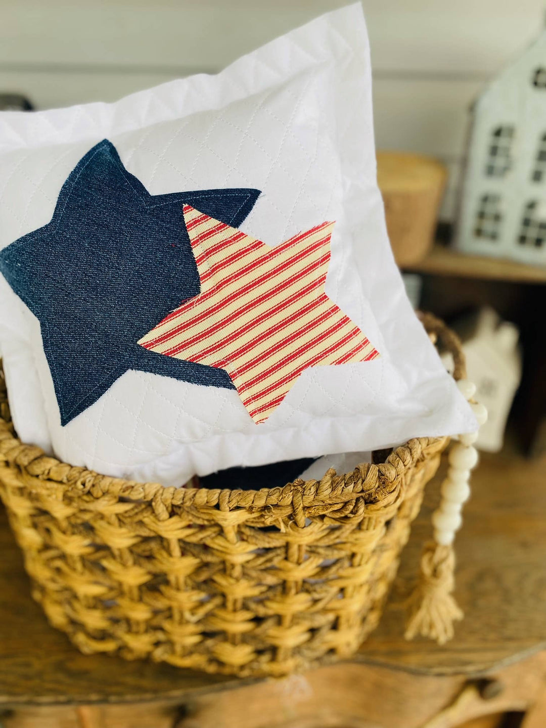 Handmade Patriotic  Pillow Upcycled Jeans Star 4th of July