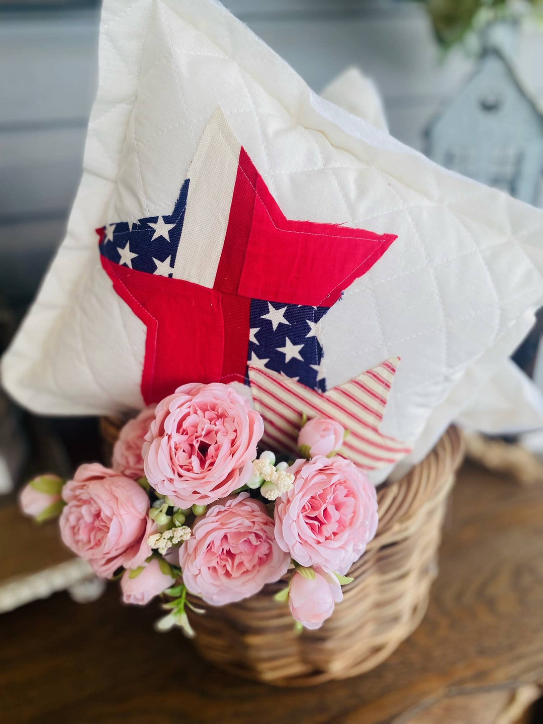 Handmade Patriotic  Pillow Upcycled Jeans Star 4th of July