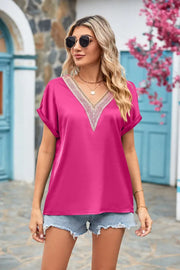 Satin Crochet Trim V Neck Blouse- Pink