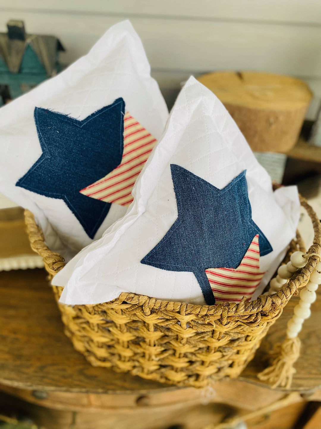 Handmade Patriotic  Pillow Upcycled Jeans Star 4th of July