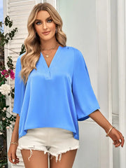 Satin Half Sleeve V-Neck Blouse - Blue