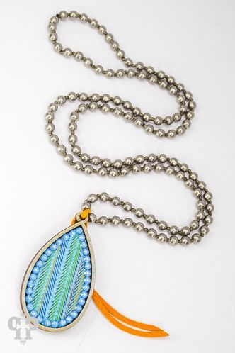 Pink Panache Necklace - Large Silver Wood Drop - Summer Stripe
