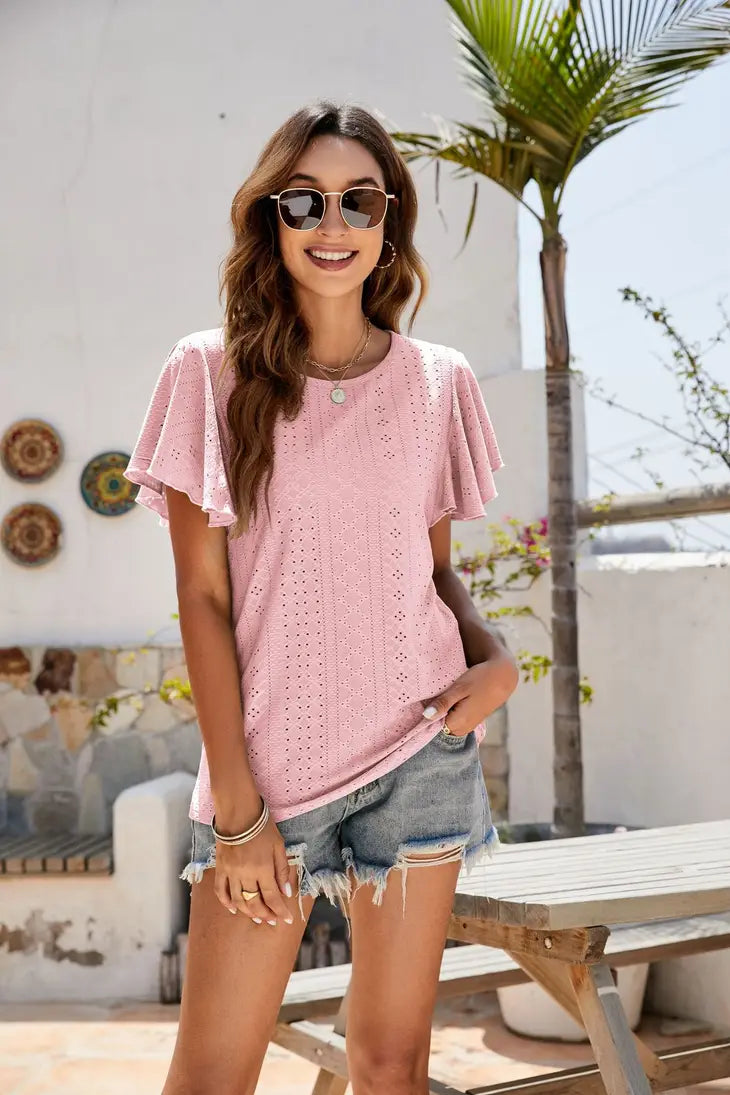Pointelle Flutter Sleeve Knit Top
