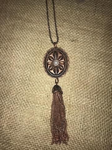 Turquoise Haven Necklace - Concho w/ Tassel - Pearl / Copper