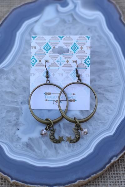 Turquoise Haven Earrings - Moon Hoops - Bronze