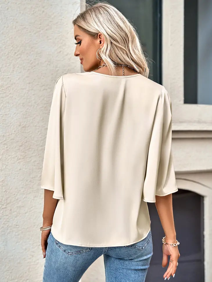 Satin Half Sleeve V-Neck Blouse