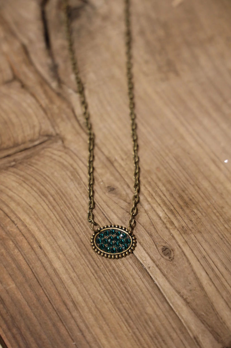 Pink Panache Necklace - Mini Bronze Oval - Emerald