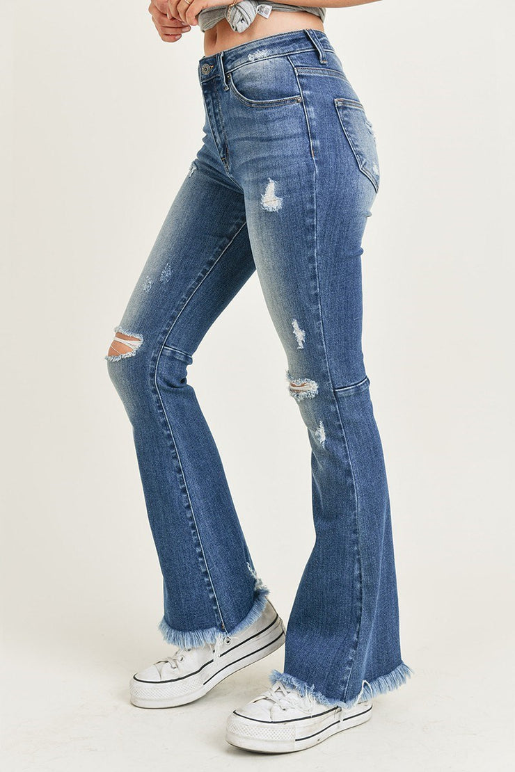 Risen Jeans- High Rise Distressed Raw Hem Flare