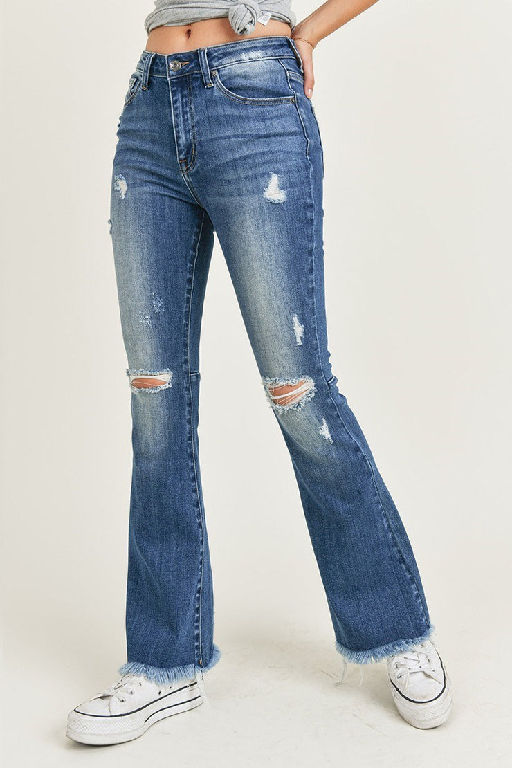 Risen Jeans- High Rise Distressed Raw Hem Flare