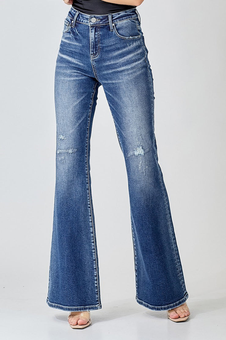 Risen Jeans- High Rise Zig Zag Stitched Paint Splashed Flare