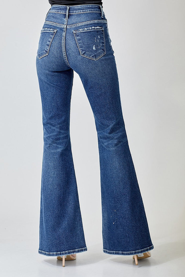 Risen Jeans- High Rise Zig Zag Stitched Paint Splashed Flare
