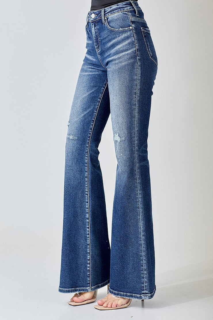 Risen Jeans- High Rise Zig Zag Stitched Paint Splashed Flare