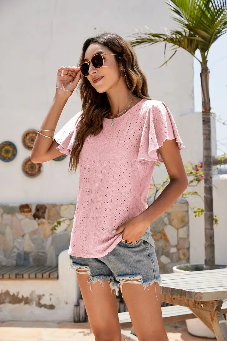 Pointelle Flutter Sleeve Knit Top